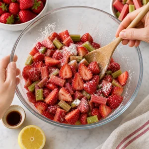 Tossing sliced strawberries and chopped rhubarb with sugar and cornstarch.