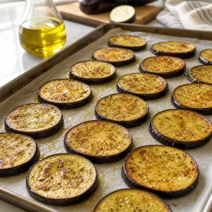 Golden baked eggplant rounds on a tray
