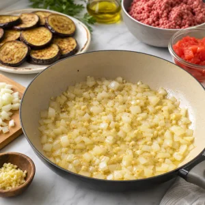 Onion and garlic sauteing in olive oil
