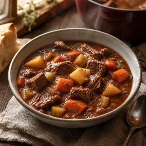Stufato di manzo classico servito caldo con manzo tenero, patate e carote.
