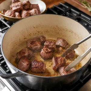 Cubetti di manzo infarinati rosolati in olio caldo in una casseruola.