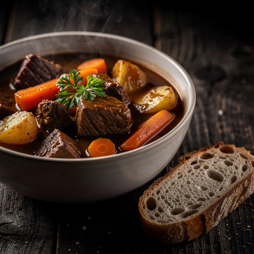 Hearty beef stew in a bowl with vegetables and herbs