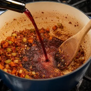 Vino rosso versato nella casseruola per deglassare i fondi rosolati.