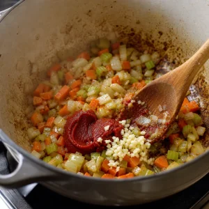 Concentrato di pomodoro e aglio tritato mescolati alle verdure soffritte.
