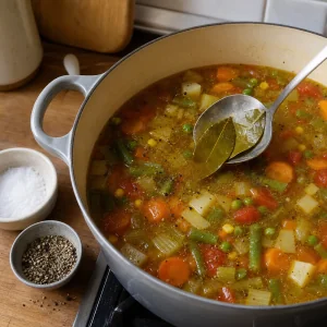 Folhas de louro removidas da sopa de legumes pronta e temperada
