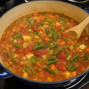 Tomates em cubos e vagens misturados na sopa de legumes fervente