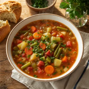 Sopa clássica de legumes pronta com cenouras, aipo, batatas, tomates, vagens e salsa.