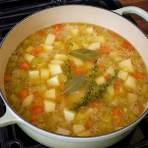 Caldo de legumes com batatas em cubos louro e tomilho levado à fervura
