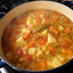 Sopa de legumes fervendo suavemente até as batatas ficarem quase macias
