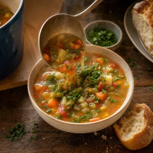 Sopa de legumes servida em tigelas e guarnecida com salsa fresca e pão