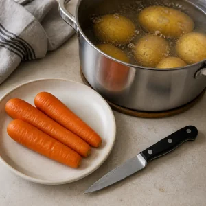 Boiled carrots beside potatoes still cooking