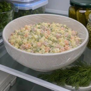Covered Olivier salad chilling in the refrigerator