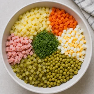 Diced salad ingredients gathered in a bowl