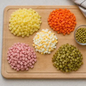 Evenly diced Olivier salad ingredients