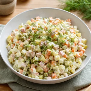 Finished Olivier salad in a serving bowl