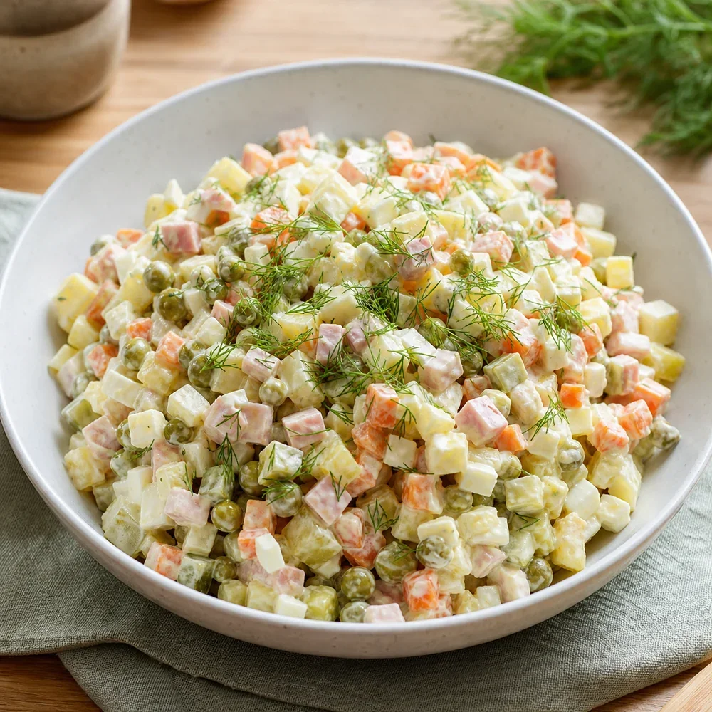Finished Olivier salad in a serving bowl