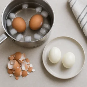Four hard-boiled eggs cooling and peeled on the counter