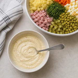 Mayonnaise dressing mixed beside the salad bowl
