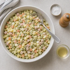 Mixed Olivier salad ready for final seasoning