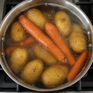 Potatoes and carrots boiling in a saucepan