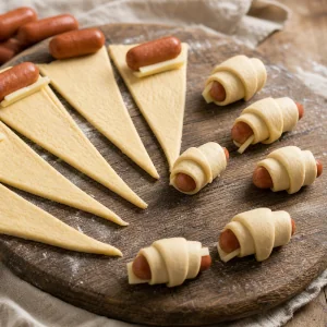 Salsichas cocktail parcialmente enroladas na massa