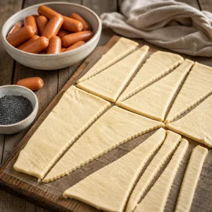 Triângulos de massa com salsichas cocktail ao lado