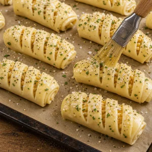 Salsichas enroladas cruas pinceladas com ovo e sementes