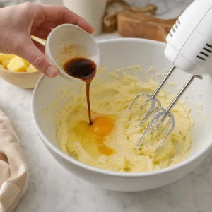 Butter and sugar creamed with egg and vanilla for pineapple upside-down cake batter.