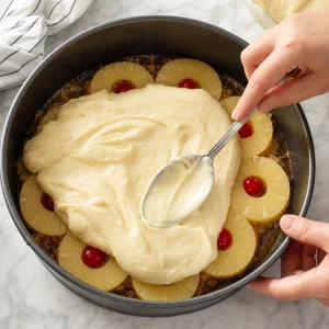 Cake batter spooned and spread evenly over pineapple rings in the pan.