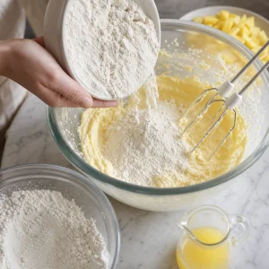 Dry ingredients added to the butter mixture with pineapple juice for the cake batter.