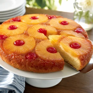 Finished pineapple upside-down cake served with caramelized pineapple rings and cherries.