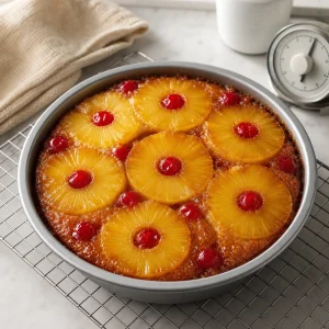 Freshly baked cake cooling in the pan on a wire rack.