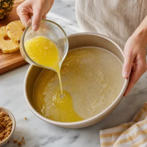 Melted butter poured into a round cake pan to coat the bottom evenly.