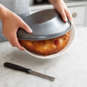 Pineapple upside-down cake being inverted from the pan onto a serving plate.