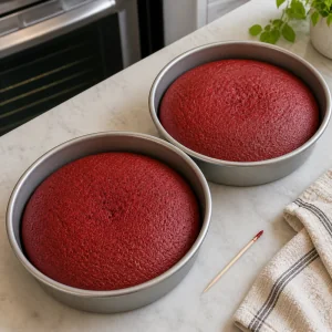 Baked red velvet cake layers in pans with a clean toothpick test