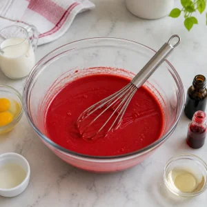 Bright red wet ingredients whisked smooth for red velvet cake