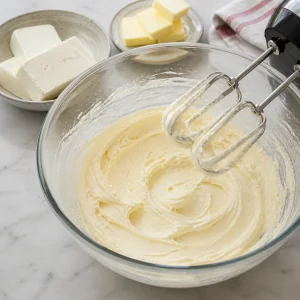 Cream cheese and butter beaten into a smooth frosting base