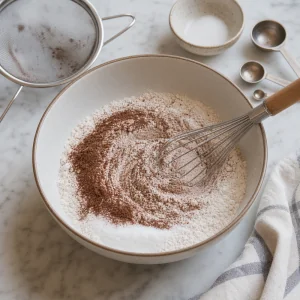 Dry red velvet cake ingredients sifted and whisked together