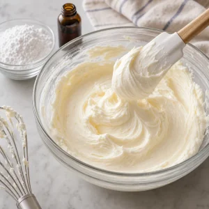 Fluffy cream cheese frosting whipped with powdered sugar and vanilla