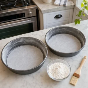 Prepared round cake pans lined with parchment and dusted with flour