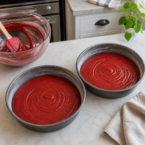 Smooth red velvet batter divided between two prepared cake pans