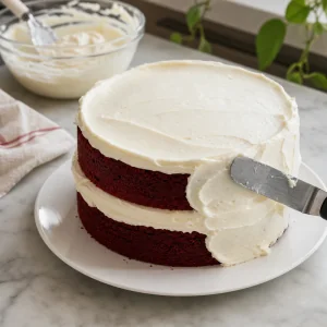 Two-layer red velvet cake being covered with cream cheese frosting