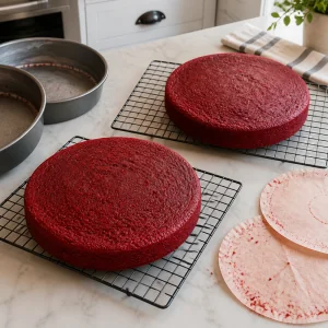 Unfrosted red velvet cake layers cooling on wire racks
