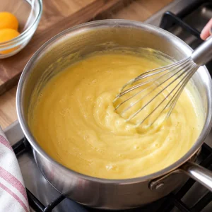 Custard cooked until thick and gently bubbling