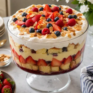 Trifle garnished with toasted almonds and berries