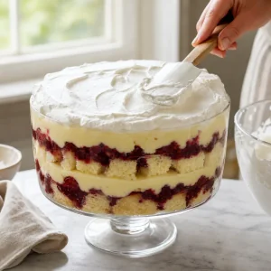 Whipped cream spread over the chilled trifle