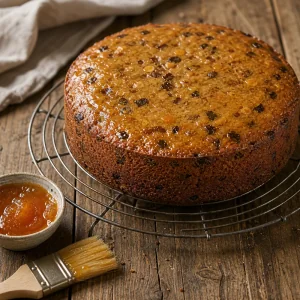 Gebackener Fruchtkuchen auf einem Gitter mit Aprikosenkonfituere bestrichen