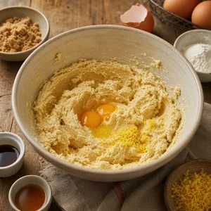 Cremige Butter und Zucker mit Ei und Zitronenschale