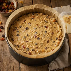 Fruchtkuchenteig in einer mit Backpapier ausgelegten Form geglaettet