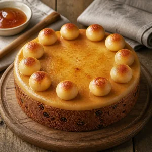 Simnel Cake mit Marzipandecke und einem Ring aus Kugeln